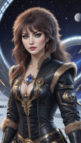 1girl,solo,long hair,breasts,looking at viewer,bangs,brown hair,cleavage,brown eyes,jewelry,medium breasts,collarbone,upper body,earrings,parted lips,sky,belt,signature,lips,fur trim,eyelashes,makeup,night,watermark,moon,lipstick,gem,star (sky),night sky,buckle,starry sky,hoop earrings,nose,red lips,space,planet,realistic