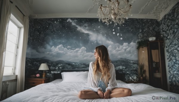 1girl,solo,long hair,blonde hair,brown hair,shirt,long sleeves,sitting,white shirt,open clothes,sky,barefoot,cloud,indoors,tree,lips,looking to the side,pillow,bare legs,window,bed,profile,night,bed sheet,on bed,wavy hair,looking away,stuffed toy,stuffed animal,cloudy sky,plant,curtains,no pants,star (sky),night sky,scenery,snow,starry sky,snowing,realistic,light,lamp,indian style,looking afar,bedroom,christmas tree,ceiling,lights,looking outside,mountain,nightgown,painting (object),chandelier