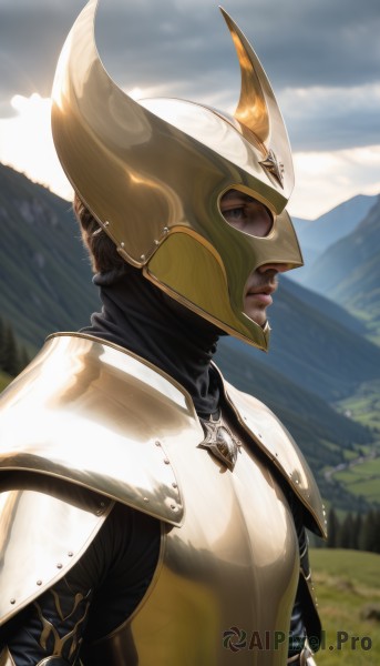 1girl,solo,short hair,brown hair,brown eyes,jewelry,closed mouth,upper body,male focus,outdoors,horns,sky,day,cloud,armor,blurry,lips,blurry background,helmet,shoulder armor,pauldrons,breastplate,mountain,realistic,nose,fake horns,horned helmet,from side,profile,knight,full armor