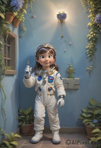 1girl,solo,long hair,looking at viewer,blush,smile,brown hair,gloves,holding,brown eyes,standing,full body,flower,white gloves,black eyes,leaf,white footwear,bug,plant,goggles,child,goggles on head,holding flower,female child,potted plant,spacesuit,open mouth,teeth,helmet,realistic,light bulb,astronaut