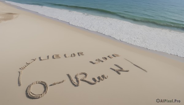 solo,outdoors,sky,day,water,english text,no humans,ocean,beach,parody,scenery,sand,horizon,waves,shore,desert,footprints,traditional media