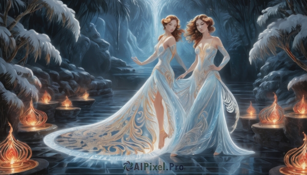 long hair,breasts,smile,multiple girls,brown hair,dress,2girls,bare shoulders,jewelry,medium breasts,standing,full body,closed eyes,outdoors,detached sleeves,barefoot,water,white dress,tree,strapless,night,blue dress,siblings,fire,sisters,nature,strapless dress,snow,forest,reflection,curly hair,twins,stairs,skirt hold,anklet,long dress,winter,bare tree,looking at viewer,short hair,hair ornament,gloves,cleavage,brown eyes,parted lips,elbow gloves,hand on hip,dancing,gown