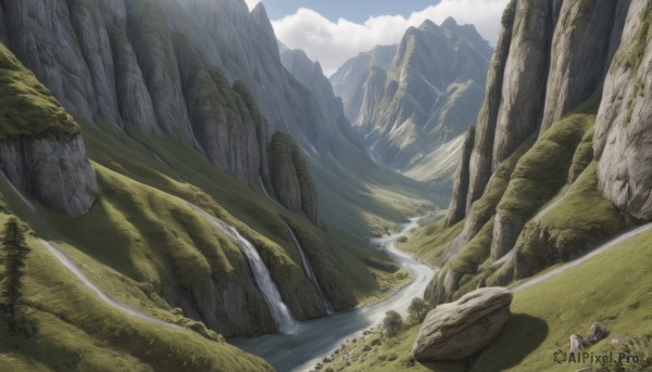 A waterfall set against the backdrop of a serene day