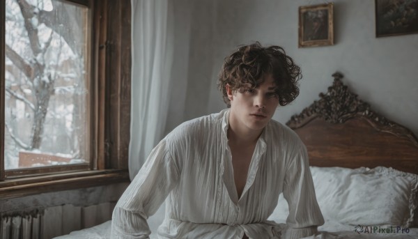 solo,looking at viewer,short hair,brown hair,shirt,black hair,long sleeves,1boy,closed mouth,upper body,male focus,indoors,black eyes,tree,pillow,window,bed,on bed,curtains,messy hair,snow,curly hair,robe,realistic,bedroom,picture frame,painting (object),1girl,breasts,bangs,white shirt,lying,parted lips,day,striped,mole,lips,winter,bare tree,portrait (object)