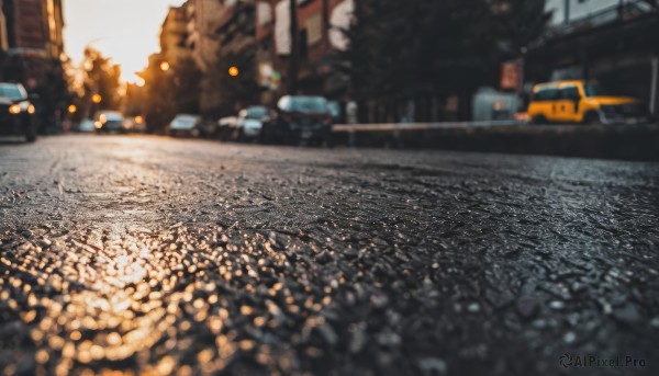 outdoors,sky,blurry,tree,no humans,depth of field,blurry background,ground vehicle,building,scenery,motor vehicle,city,sign,realistic,car,road,lamppost,street,photo background,real world location,day,window,sunlight,lens flare,sunset,bokeh,evening,sidewalk