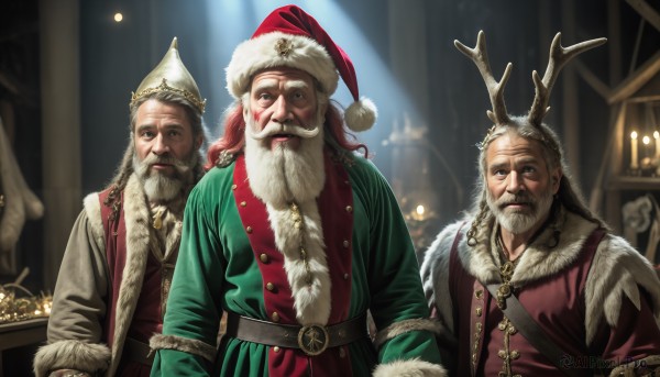 HQ,long hair,looking at viewer,smile,brown hair,long sleeves,hat,closed mouth,upper body,white hair,male focus,red hair,multiple boys,belt,indoors,blurry,coat,fur trim,facial hair,3boys,christmas,red headwear,beard,santa hat,santa costume,mustache,antlers,old,christmas tree,old man,blue eyes,brown eyes,braid,blurry background,scar,reindeer antlers