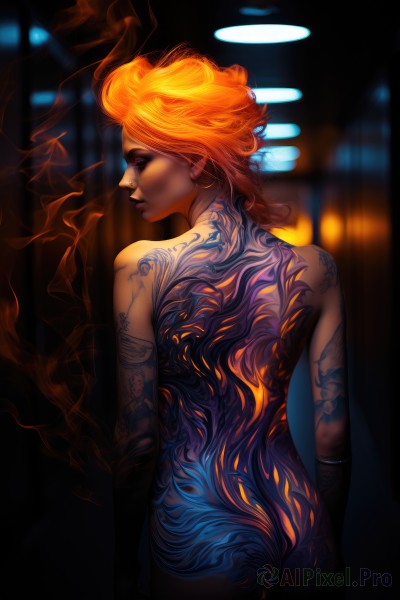 1girl,solo,short hair,ass,nude,looking back,from behind,orange hair,blurry,lips,tattoo,profile,makeup,blurry background,back,eyeshadow,smoke,realistic,nose,arm tattoo,back tattoo,full-body tattoo,jewelry,completely nude,glowing,fire,fiery hair,glowing hair,orange skin