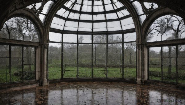 outdoors,sky,day,cloud,indoors,water,tree,dutch angle,no humans,window,cloudy sky,grass,nature,scenery,forest,reflection,bare tree,fog,grey sky,plant,rain,wooden floor,tiles,tile floor,puddle,reflective floor