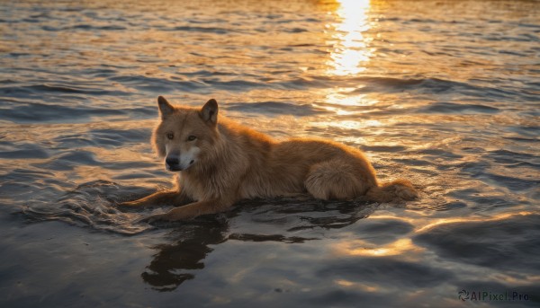 outdoors, lying, water, no humans, ocean, animal, reflection, dog, realistic, animal focus