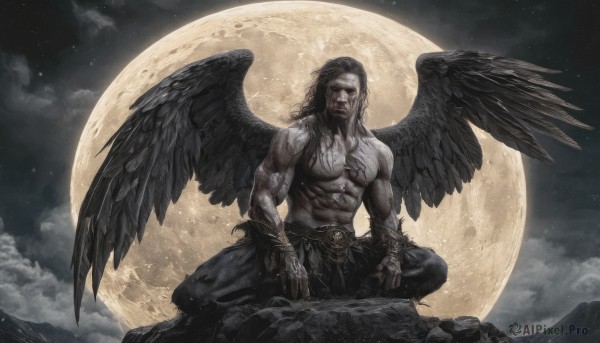 solo,long hair,looking at viewer,black hair,red eyes,1boy,navel,jewelry,sitting,closed mouth,male focus,outdoors,wings,sky,pants,cloud,necklace,bracelet,tattoo,muscular,night,facial hair,scar,black pants,abs,moon,cloudy sky,pectorals,muscular male,star (sky),night sky,feathered wings,beard,full moon,starry sky,black wings,topless male,rock,spread wings,bracer