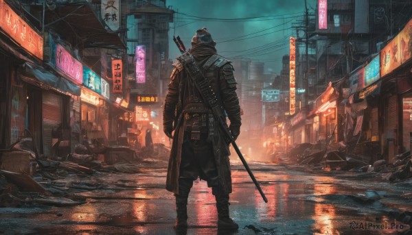 solo,gloves,1boy,holding,standing,weapon,male focus,boots,outdoors,sky,pants,sword,water,from behind,black footwear,holding weapon,armor,coat,gun,mask,night,black pants,katana,ground vehicle,building,sheath,night sky,scenery,motor vehicle,reflection,science fiction,rain,sheathed,city,sign,road,scabbard,power lines,street,weapon on back,cyberpunk,neon lights,jacket,cloud,hood,holding sword,helmet,cloudy sky,hood up,facing away,car,cityscape,ambiguous gender,trash bag