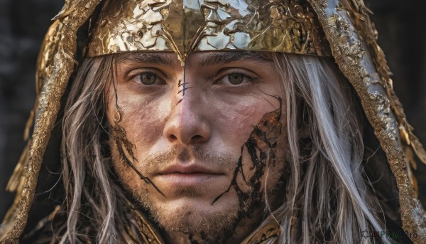 solo,long hair,looking at viewer,1boy,brown eyes,closed mouth,white hair,grey hair,male focus,blurry,grey eyes,blurry background,crown,portrait,close-up,realistic,facial hair,helmet,beard,stubble