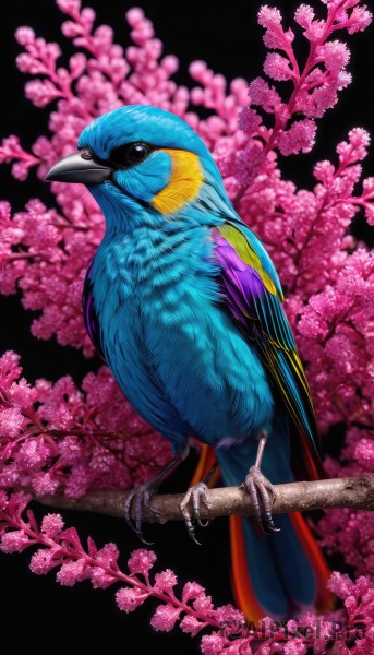 closed mouth,standing,flower,blurry,black eyes,tree,no humans,depth of field,bird,animal,black background,cherry blossoms,pink flower,realistic,branch,animal focus,beak,parrot,solo,looking at viewer,simple background,full body