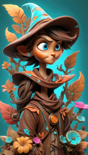 1girl,solo,short hair,blue eyes,brown hair,1boy,hat,animal ears,jewelry,closed mouth,upper body,flower,male focus,earrings,pointy ears,artist name,dark skin,gradient,gradient background,witch hat,leaf,blue background,plant,furry,androgynous,pink flower,blue headwear,blue flower,brown jacket,yellow flower,fantasy,purple flower,furry female,mushroom,orange flower,long hair,jacket,scarf,tree,web address,robe,branch,witch,aqua background