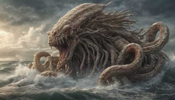 open mouth,yellow eyes,outdoors,sky,teeth,cloud,water,no humans,ocean,fangs,cloudy sky,sharp teeth,tentacles,monster,sun,giant,splashing,waves,kaijuu,eldritch abomination,red eyes