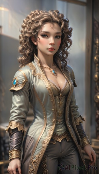 1girl,solo,long hair,breasts,looking at viewer,blush,brown hair,shirt,long sleeves,cleavage,brown eyes,jewelry,medium breasts,standing,collarbone,cowboy shot,earrings,parted lips,open clothes,pants,artist name,indoors,necklace,blurry,lips,coat,eyelashes,makeup,blurry background,wavy hair,black pants,lipstick,gem,pendant,freckles,curly hair,gold trim,open coat,realistic,nose,arms at sides,underwear,bra,black coat,red lips