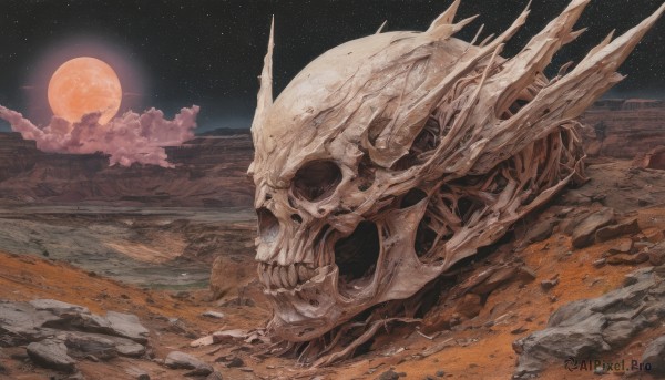 outdoors,sky,teeth,cloud,no humans,night,moon,star (sky),night sky,scenery,full moon,starry sky,science fiction,skull,monster,rock,fantasy,planet,skeleton,bone,desert,horns,sand,space,red moon