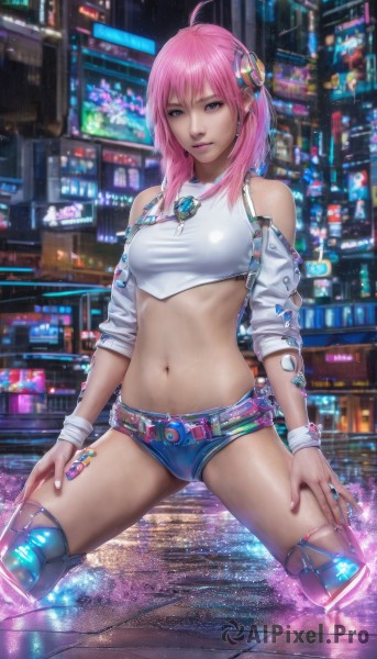 1girl,solo,long hair,breasts,looking at viewer,blue eyes,hair ornament,thighhighs,navel,bare shoulders,jewelry,medium breasts,standing,pink hair,ahoge,thighs,earrings,shorts,midriff,belt,medium hair,necklace,nail polish,lips,crop top,short shorts,kneeling,piercing,denim,wristband,pink nails,science fiction,blue shorts,denim shorts,city,realistic,taut clothes,knee pads,navel piercing,taut shirt,cyberpunk,hands on own thighs,short hair,bangs,closed mouth,outdoors,spread legs,headgear,watermark,ring,single thighhigh,web address,shoulder cutout,badge,city lights,neon lights