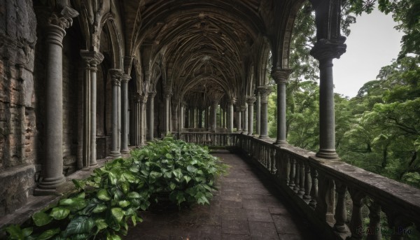 outdoors,sky,day,tree,dutch angle,no humans,leaf,sunlight,plant,nature,scenery,stairs,railing,bush,architecture,ruins,pillar,arch,column,bridge