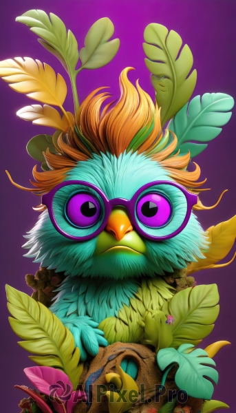 solo,looking at viewer,simple background,closed mouth,purple eyes,flower,glasses,artist name,tree,gradient,gradient background,no humans,bird,animal,leaf,feathers,plant,purple background,round eyewear,animal focus,beak,coke-bottle glasses,heart,orange hair,watermark,sunglasses,web address,owl