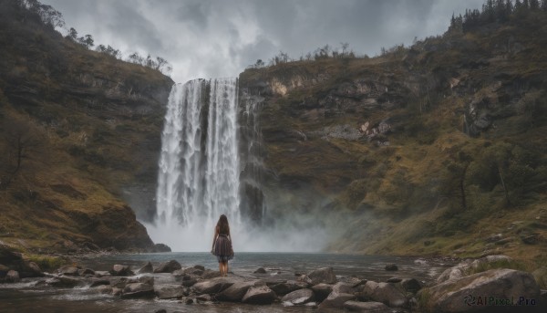 1girl, solo, long hair, brown hair, outdoors, sky, cloud, water, from behind, tree, nature, scenery, rock, mountain, waterfall