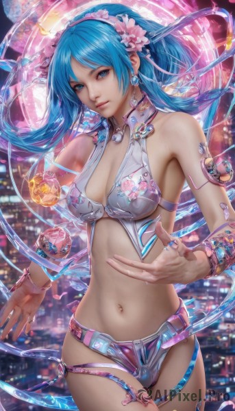 1girl,solo,long hair,breasts,looking at viewer,blue eyes,hair ornament,navel,cleavage,bare shoulders,jewelry,medium breasts,blue hair,flower,cowboy shot,hairband,earrings,parted lips,midriff,hair flower,bracelet,lips,ring,armlet,science fiction,realistic,bikini armor,bangs,twintails,closed mouth,standing,swimsuit,bikini,multicolored hair,stomach,watermark,floating object