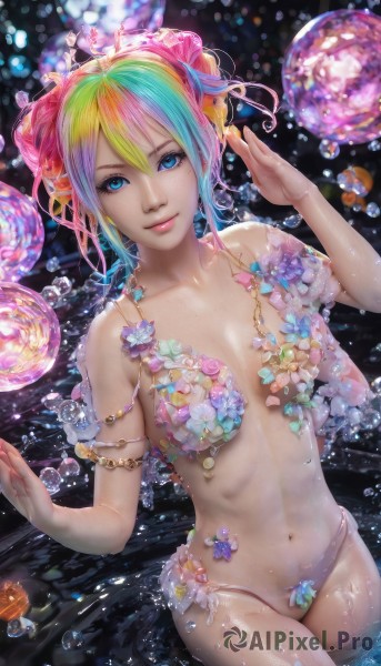 1girl,solo,breasts,looking at viewer,smile,short hair,bangs,blue eyes,blonde hair,hair ornament,navel,hair between eyes,bare shoulders,jewelry,medium breasts,blue hair,standing,collarbone,swimsuit,pink hair,flower,bikini,multicolored hair,cowboy shot,small breasts,green hair,water,hair bun,nail polish,two-tone hair,lips,wet,eyelashes,double bun,aqua hair,gradient hair,gem,breasts apart,web address,armlet,wading,partially submerged,freckles,fish,bubble,water drop,realistic,nose,shell,colorful,pearl (gemstone),rainbow hair,cleavage,closed mouth,artist name,stomach,shiny skin,makeup,watermark,pink flower,pink lips,splashing,ripples,rainbow,bikini bottom only