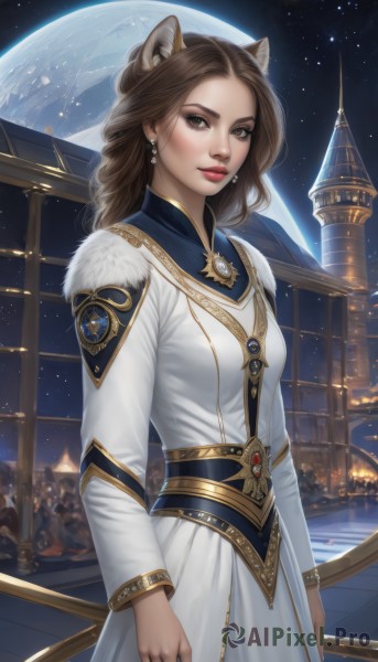 1girl,solo,long hair,breasts,looking at viewer,brown hair,long sleeves,dress,holding,animal ears,brown eyes,jewelry,standing,weapon,cowboy shot,earrings,sky,cat ears,white dress,lips,animal ear fluff,fur trim,makeup,night,moon,lipstick,building,gem,star (sky),night sky,full moon,starry sky,gold trim,realistic,nose,red lips,planet,medium breasts,closed mouth,outdoors,artist name,necklace,ring,earth (planet)