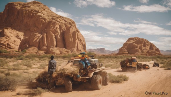 black hair,1boy,outdoors,multiple boys,sky,day,cloud,2boys,from behind,uniform,blue sky,military,military uniform,cloudy sky,grass,robot,ground vehicle,scenery,motor vehicle,science fiction,rock,mountain,military vehicle,car,road,tank,vehicle focus,caterpillar tracks,desert,truck,jacket,male focus,smoke,realistic,sand,motorcycle,dust