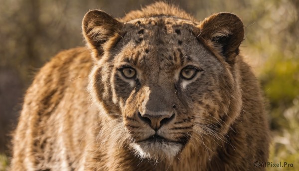 solo,looking at viewer,brown eyes,closed mouth,outdoors,blurry,no humans,depth of field,blurry background,animal,cat,portrait,realistic,animal focus,whiskers,tiger,signature,close-up