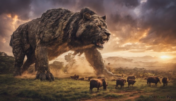 outdoors,sky,cloud,tree,no humans,animal,cloudy sky,grass,fire,nature,scenery,smoke,sunset,mountain,bear,sheep,tusks,lion,boar,sunlight,sun,pig