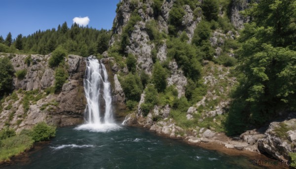 outdoors,sky,day,cloud,water,tree,blue sky,no humans,nature,scenery,forest,rock,mountain,river,waterfall,landscape,cliff