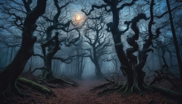 outdoors,sky,tree,no humans,night,nature,scenery,forest,lantern,light,dark,bare tree,fog,glowing,moon,grass,plant,path