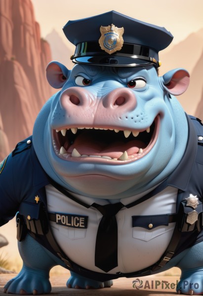 solo,looking at viewer,smile,open mouth,shirt,1boy,hat,brown eyes,standing,white shirt,male focus,outdoors,necktie,teeth,collared shirt,artist name,uniform,no humans,fangs,peaked cap,black necktie,furry,blue headwear,furry male,badge,police,police uniform,police hat,pokemon (creature),colored skin,sharp teeth,blue skin,clothed pokemon,walkie-talkie