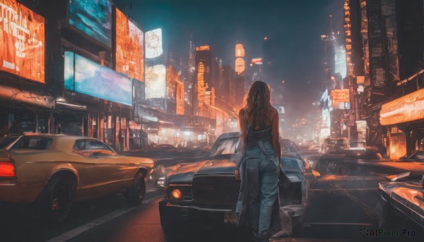 1girl,solo,long hair,brown hair,black hair,outdoors,pants,from behind,night,tank top,denim,ground vehicle,building,scenery,motor vehicle,jeans,city,facing away,car,road,cityscape,vehicle focus,lamppost,street,skyscraper,city lights,sports car,shirt,bare shoulders,standing,sky,sleeveless,black shirt,sleeveless shirt,night sky,sign,blue pants,dark,wide shot,neon lights