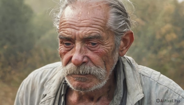 solo,looking at viewer,shirt,1boy,closed mouth,white shirt,upper body,white hair,grey hair,male focus,collared shirt,blurry,black eyes,blurry background,facial hair,portrait,beard,realistic,mustache,manly,old,old man,wrinkled skin,jacket,grey eyes