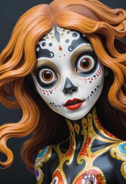 1girl,solo,long hair,looking at viewer,smile,simple background,brown eyes,upper body,parted lips,orange hair,lips,orange eyes,eyelashes,bodysuit,tattoo,makeup,colored skin,lipstick,black background,pale skin,portrait,wide-eyed,red lips,facepaint,crazy eyes,horror (theme),wavy hair,facial mark,extra eyes