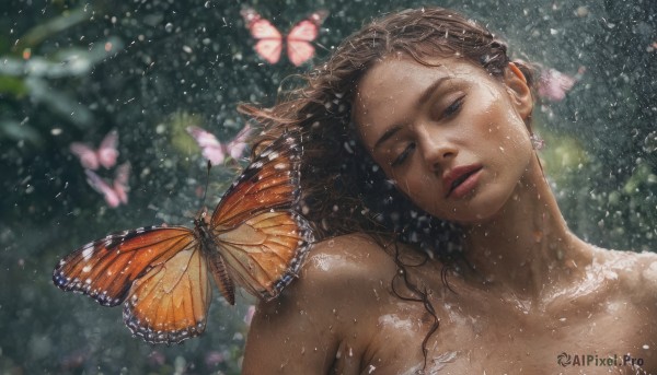 1girl, solo, long hair, looking at viewer, brown hair, collarbone, upper body, nude, parted lips, blurry, lips, wet, head tilt, bug, butterfly, rain, water drop, realistic