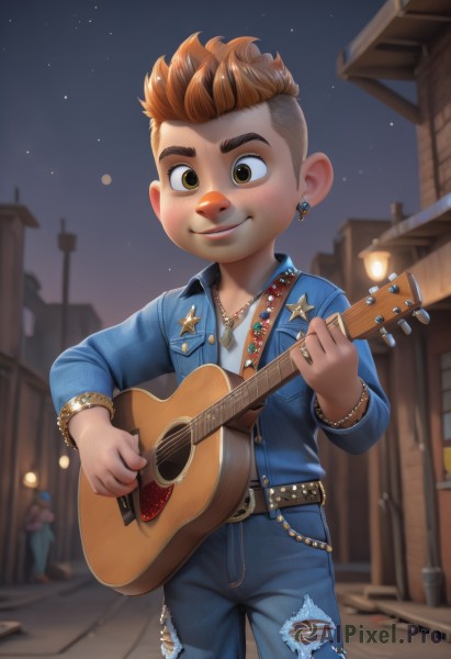 solo,looking at viewer,blush,smile,short hair,brown hair,shirt,1boy,holding,brown eyes,jewelry,jacket,male focus,multicolored hair,earrings,outdoors,sky,solo focus,belt,pants,necklace,bracelet,torn clothes,night,blurry background,piercing,denim,building,instrument,ear piercing,child,star (sky),night sky,starry sky,freckles,jeans,city,music,guitar,male child,leather,playing instrument,holding instrument,lamppost,torn pants,mohawk,torn jeans,star (symbol),ring,thick eyebrows,badge,denim jacket,acoustic guitar