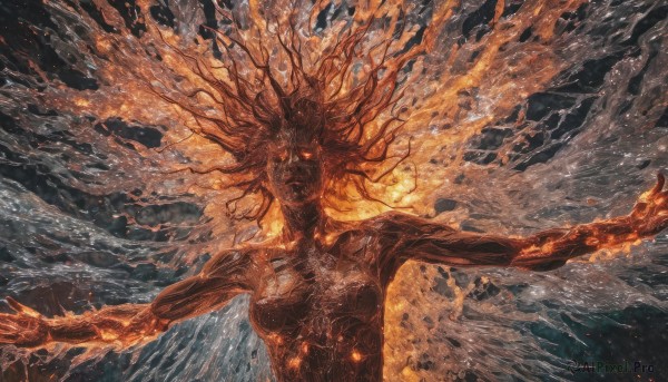 solo,looking at viewer,open mouth,red eyes,1boy,upper body,male focus,nude,teeth,water,glowing,ocean,outstretched arms,fire,glowing eyes,1other,veins,spread arms,waves,burning,breasts,artist name,completely nude,no humans,orange theme,fiery hair