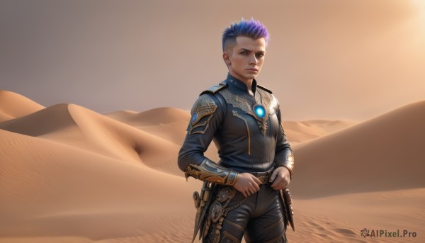 solo,looking at viewer,short hair,long sleeves,1boy,brown eyes,jewelry,closed mouth,blue hair,standing,jacket,weapon,purple hair,male focus,multicolored hair,cowboy shot,outdoors,belt,pants,armor,two-tone hair,lips,scar,black pants,knife,scar on face,realistic,sand,leather,undercut,mohawk,desert,1girl,earrings,sky,brown background,orange background,very short hair