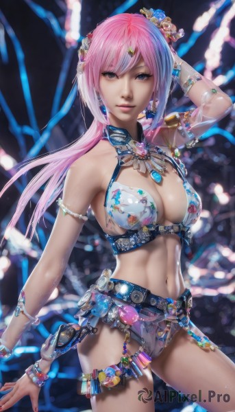 1girl,solo,long hair,breasts,looking at viewer,blue eyes,large breasts,hair ornament,navel,cleavage,jewelry,medium breasts,swimsuit,pink hair,bikini,multicolored hair,earrings,midriff,necklace,nail polish,arm up,bracelet,lips,gem,armlet,realistic,ponytail,cowboy shot,arm behind head