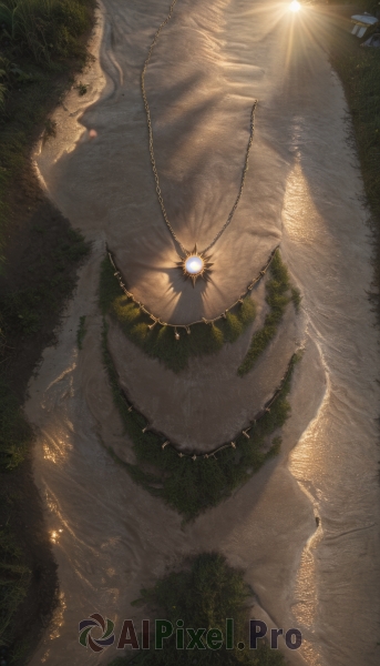 solo,outdoors,tree,no humans,glowing,from above,sunlight,nature,scenery,glowing eyes,1other,forest,monster,mountain,sun,giant,ambiguous gender,jewelry,water,necklace,chain,grass,plant,fantasy,light,road,river