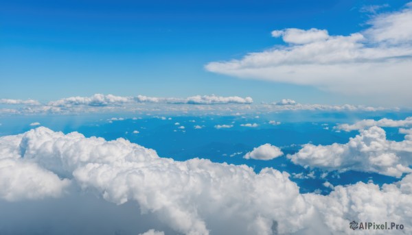 monochrome,outdoors,sky,day,cloud,blue sky,no humans,ocean,cloudy sky,scenery,blue theme,horizon,landscape,above clouds,water