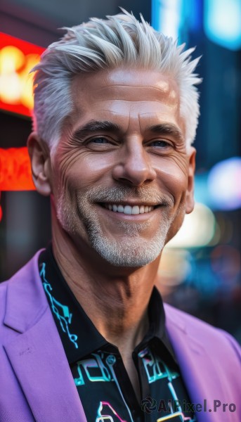 solo,smile,short hair,blue eyes,shirt,1boy,jacket,upper body,white hair,grey hair,male focus,necktie,teeth,collared shirt,grin,blurry,black shirt,blurry background,facial hair,formal,suit,portrait,beard,realistic,mustache,pink jacket,purple jacket,old,old man,wrinkled skin,looking at viewer,artist name,virtual youtuber,signature,dated,grey eyes,depth of field,scar,nose,purple shirt,manly,bokeh