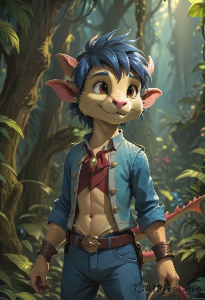 solo,smile,short hair,shirt,red eyes,1boy,navel,animal ears,brown eyes,jewelry,closed mouth,blue hair,standing,jacket,tail,male focus,cowboy shot,outdoors,open clothes,horns,day,pointy ears,belt,pants,blurry,open jacket,tree,fingernails,blurry background,abs,plant,denim,blue jacket,nature,claws,furry,forest,blue pants,brown belt,antlers,furry male,dragon boy,midriff,artist name,bracelet,looking to the side,leaf,sunlight,thick eyebrows,fantasy,male child,dappled sunlight,brown fur,body markings