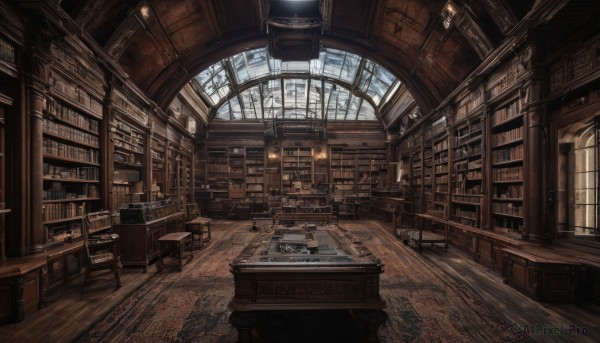 day,indoors,tree,book,no humans,window,chair,table,sunlight,scenery,wooden floor,stairs,bookshelf,lamp,candle,architecture,shelf,book stack,library,ceiling,ladder,carpet,chandelier,desk,candlestand