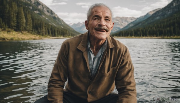 solo,looking at viewer,smile,open mouth,shirt,long sleeves,1boy,sitting,jacket,closed eyes,white shirt,white hair,grey hair,male focus,outdoors,sky,day,collared shirt,pants,cloud,water,blurry,tree,coat,facial hair,nature,brown jacket,mountain,realistic,mustache,manly,old,brown coat,old man,river,lake,wrinkled skin,dress shirt,cloudy sky,facing viewer,leather jacket,grey sky