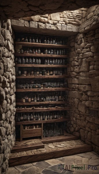 indoors,no humans,bottle,scenery,alcohol,wall,brick wall,shelf,wine bottle,bar (place),barrel,stone wall,cup,stairs,stone floor,wood