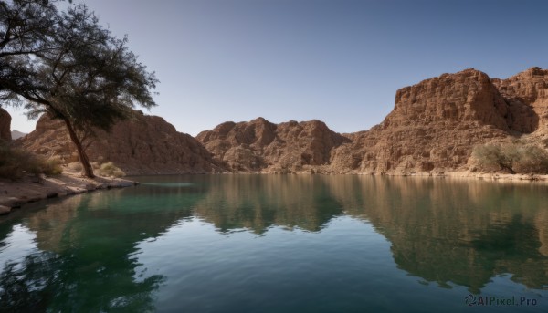 outdoors,sky,day,water,tree,blue sky,no humans,nature,scenery,reflection,rock,mountain,river,landscape,lake,reflective water,forest